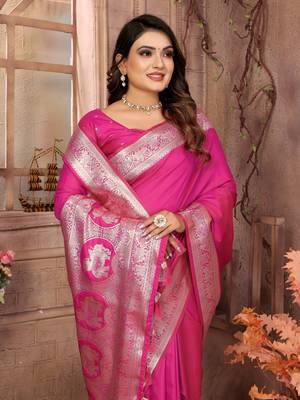 Magenta soft litchi art banarasi silk saree 4