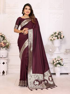 Maroon soft litchi art banarasi silk saree 1