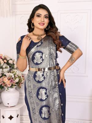 Navy soft litchi art banarasi silk saree 4
