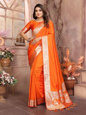 Orange soft litchi art banarasi silk saree 1