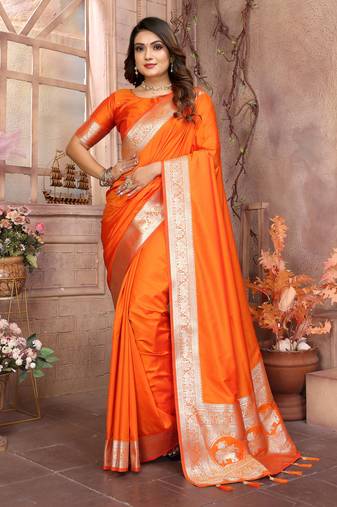 Orange soft litchi art banarasi silk saree