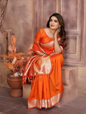 Orange soft litchi art banarasi silk saree 2