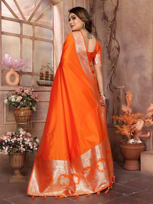 Orange soft litchi art banarasi silk saree 3