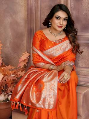 Orange soft litchi art banarasi silk saree 4