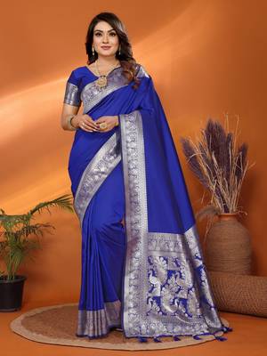 Blue soft litchi art banarasi silk saree 1