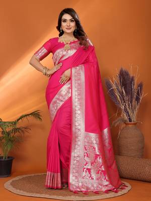 Magenta soft litchi art banarasi silk saree 1