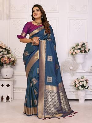 Blue soft litchi art banarasi silk saree 1