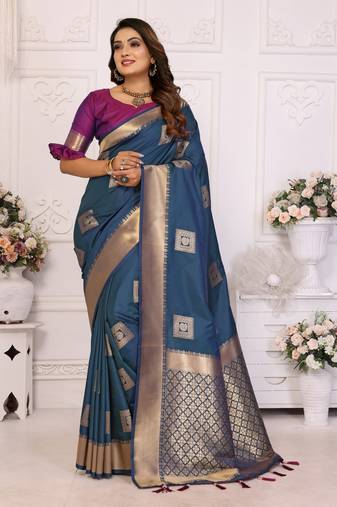 Blue soft litchi art banarasi silk saree