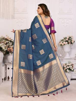 Blue soft litchi art banarasi silk saree 3