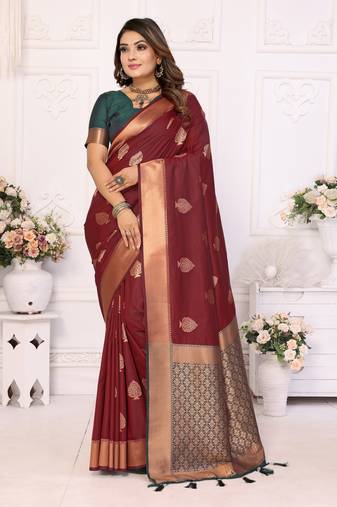 Maroon soft litchi art banarasi silk saree