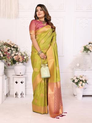 Olive soft litchi art banarasi silk saree 2