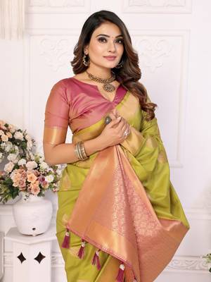 Olive soft litchi art banarasi silk saree 4