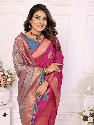 Pink soft litchi art banarasi silk saree 4