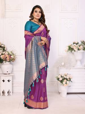 Purple soft litchi art banarasi silk saree 2