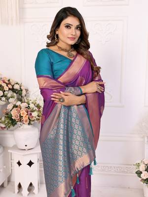 Purple soft litchi art banarasi silk saree 4