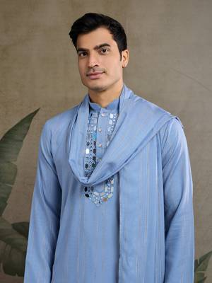 Light Blue Viscose Rayon Real mirror work kurta with dupatta 6