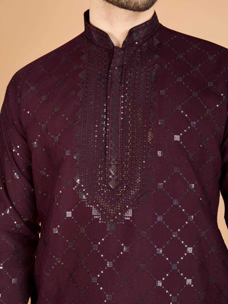 Maroon viscose silk thread & sequence embroidered work kurta with dupatta