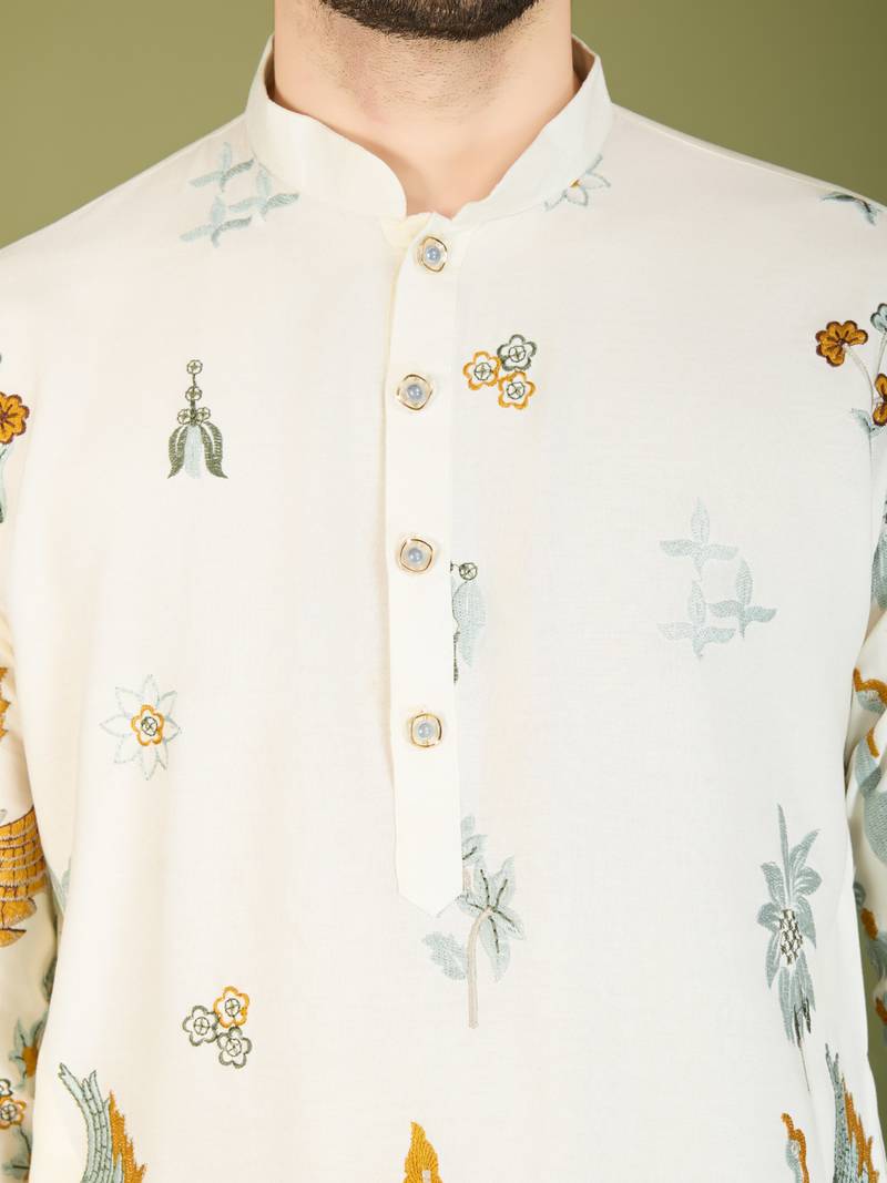 white viscose rayon thread embroidered work kurta only