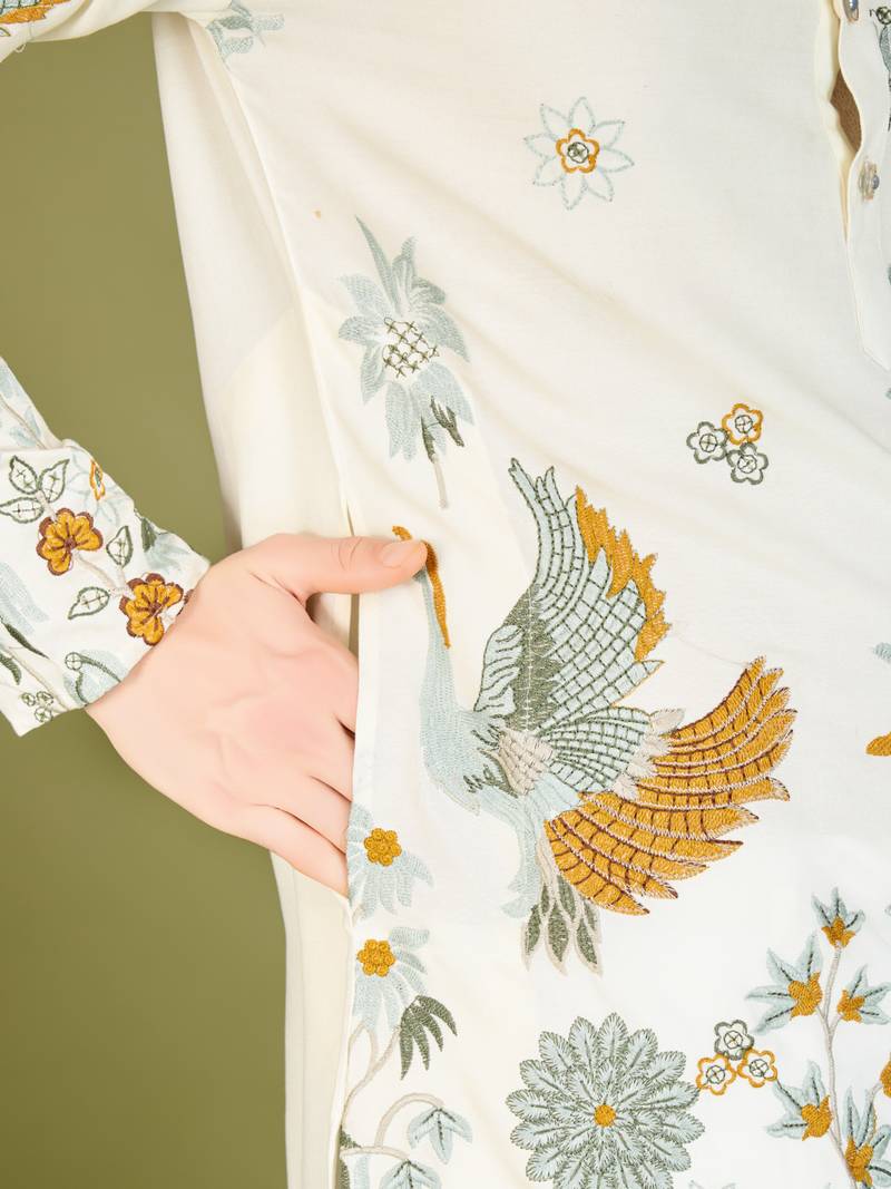 white viscose rayon thread embroidered work kurta only