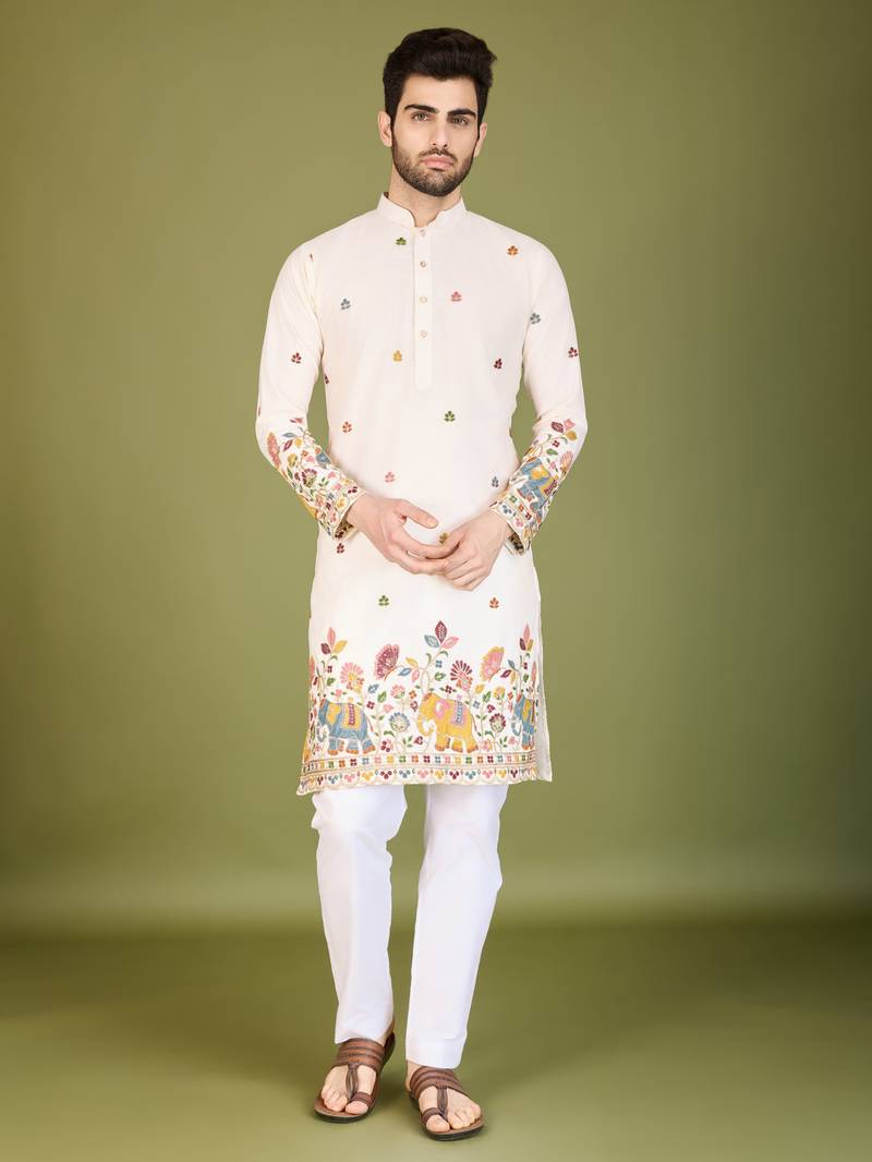 White cotton sequence embroidered & thread work kurta