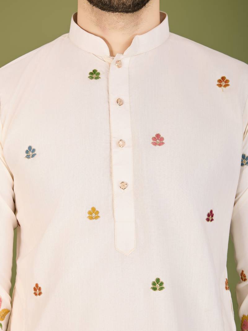 White cotton sequence embroidered & thread work kurta