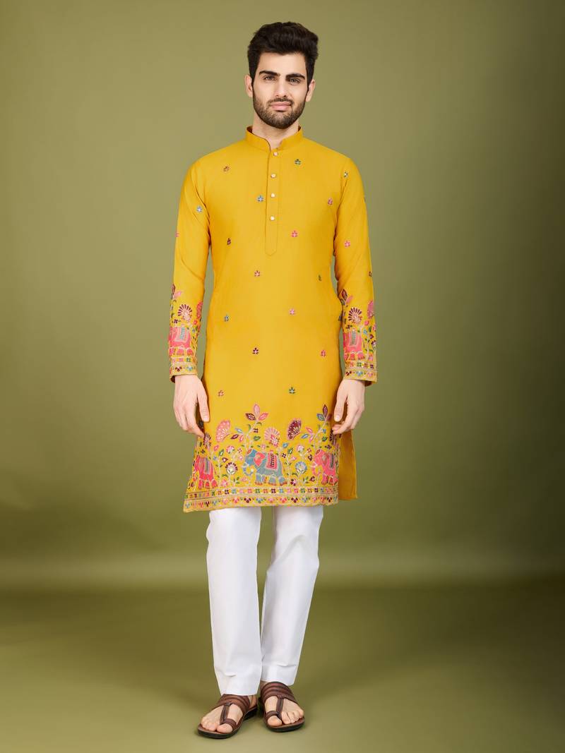 Yellow exclusive festival wear cotton sequence embroidered & thread work kurta