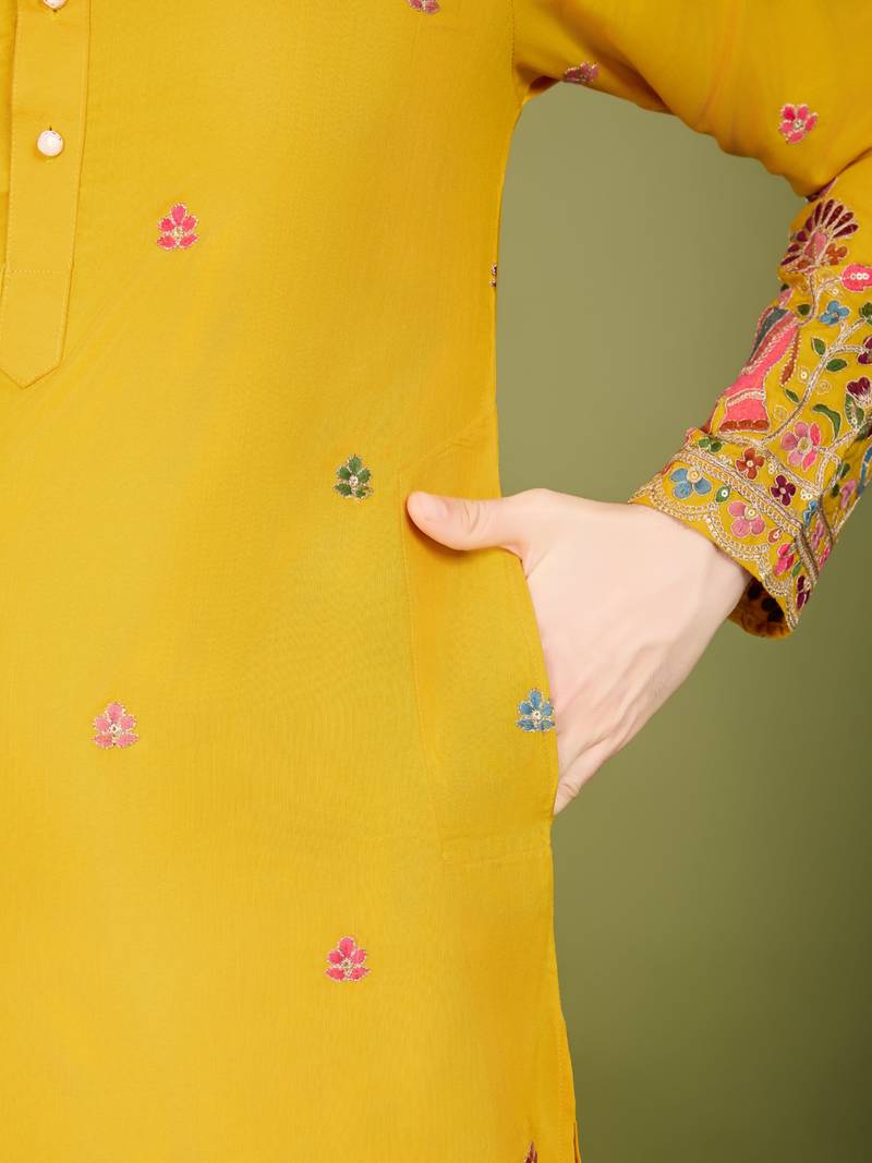 Yellow exclusive festival wear cotton sequence embroidered & thread work kurta