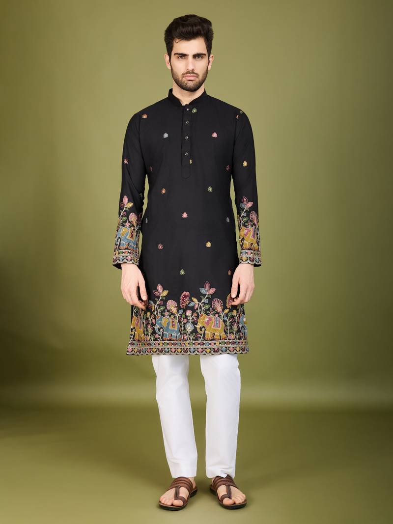 Black cotton sequence embroidered & thread work kurta