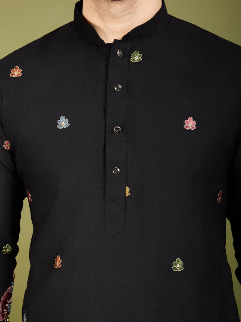 Black cotton sequence embroidered & thread work kurta
