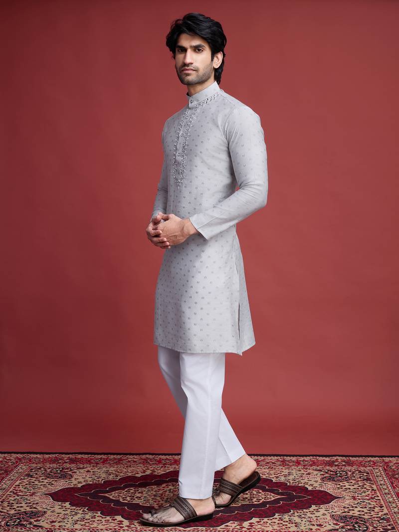 Grey viscose mirror work on self weaving kurta
