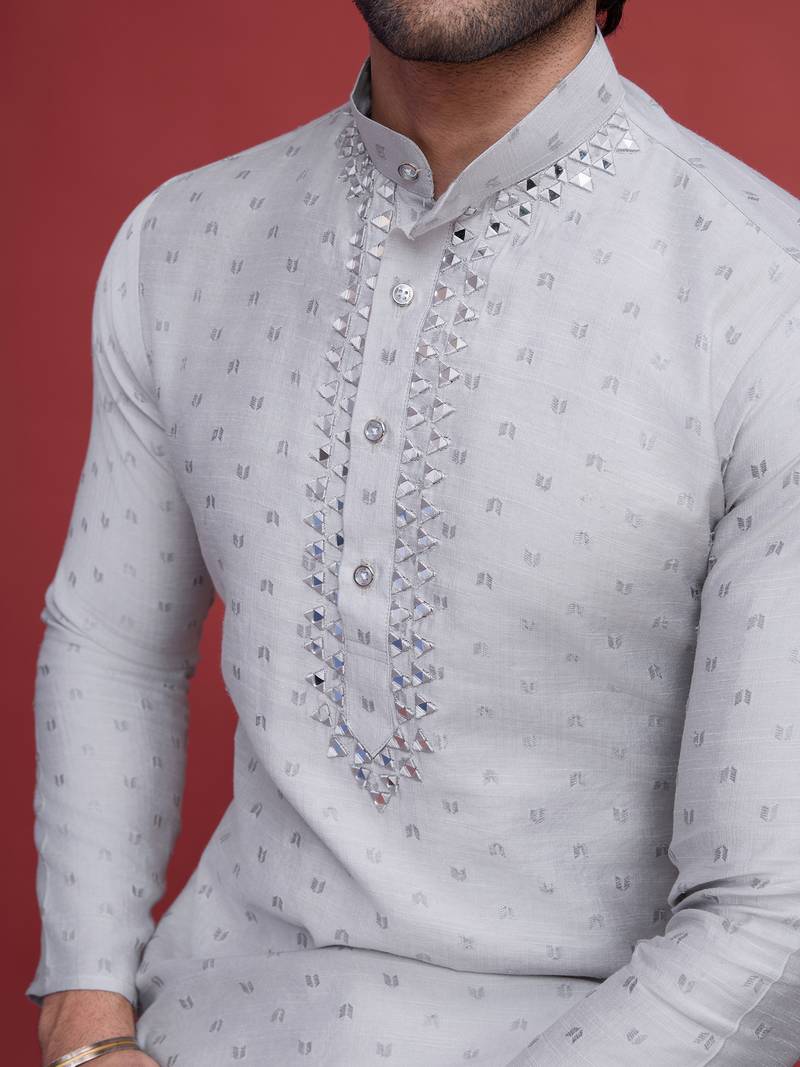 Grey viscose mirror work on self weaving kurta