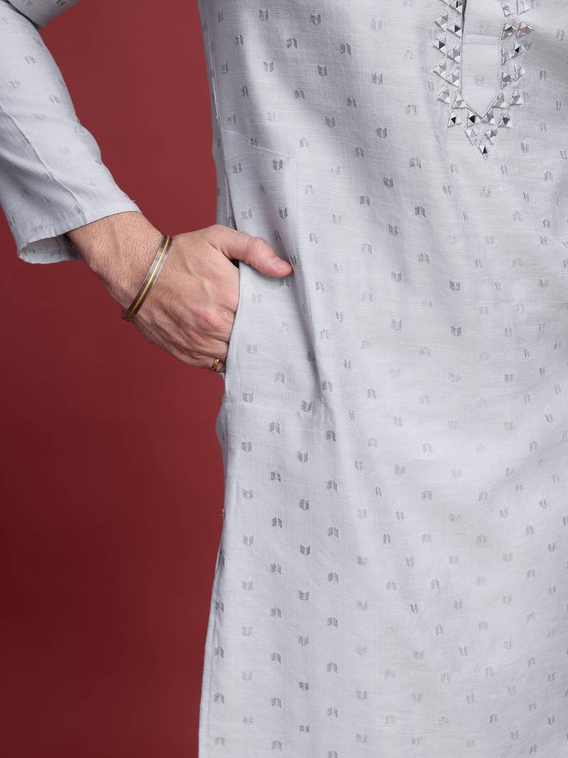 Grey viscose mirror work on self weaving kurta