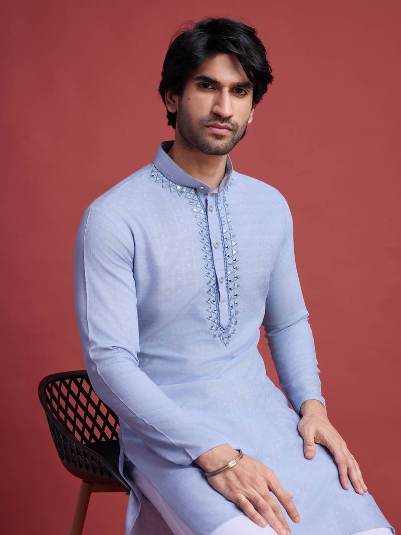 Sky Blue viscose mirror work on self weaving kurta