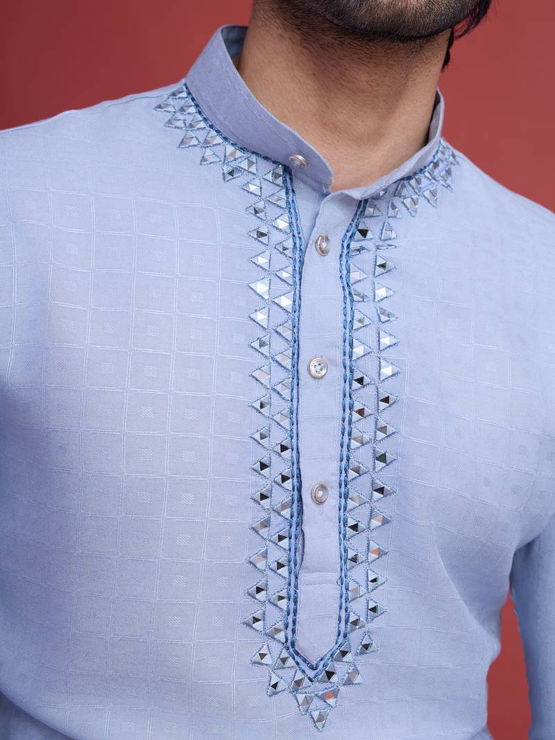 Sky Blue viscose mirror work on self weaving kurta