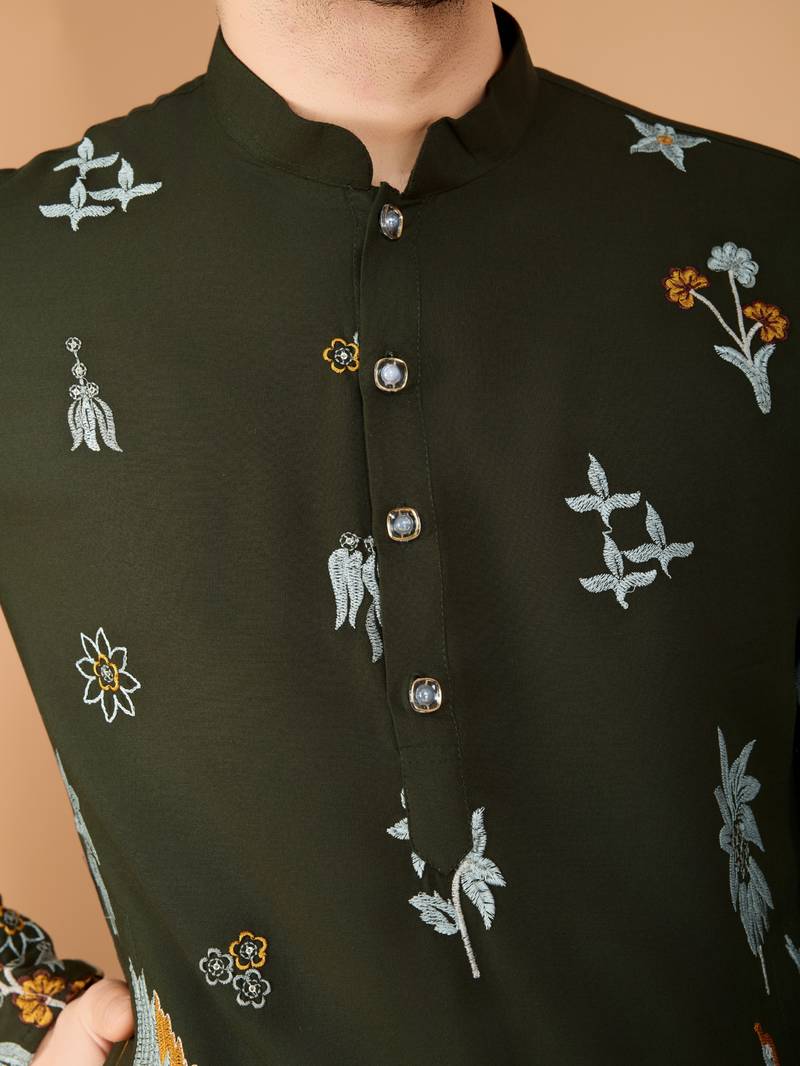 Olive viscose rayon thread embroidered work kurta only