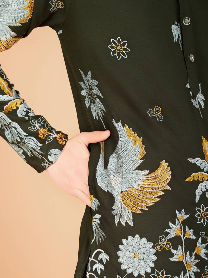 Olive viscose rayon thread embroidered work kurta only