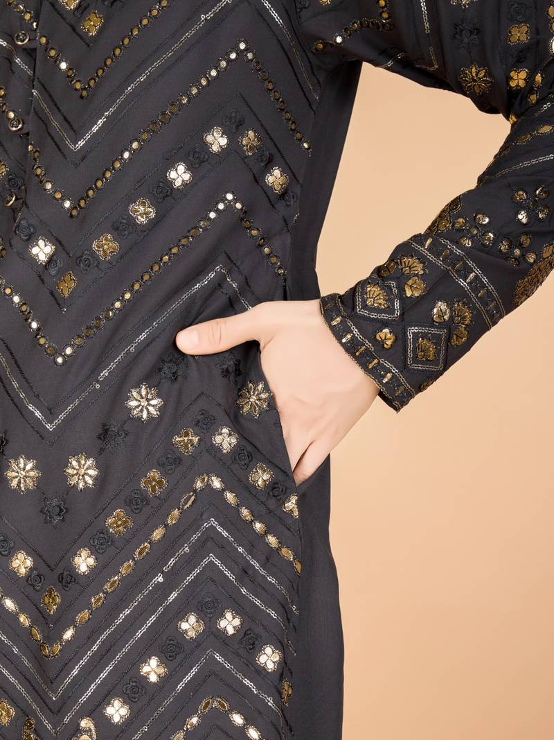 Slate grey pure viscose rayon embroidered sequence work kurta