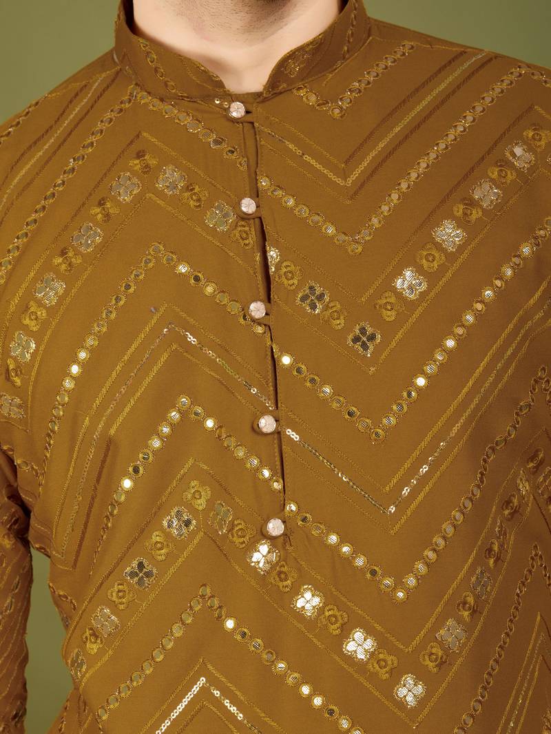 Yellow pure viscose rayon embroidered sequence work kurta