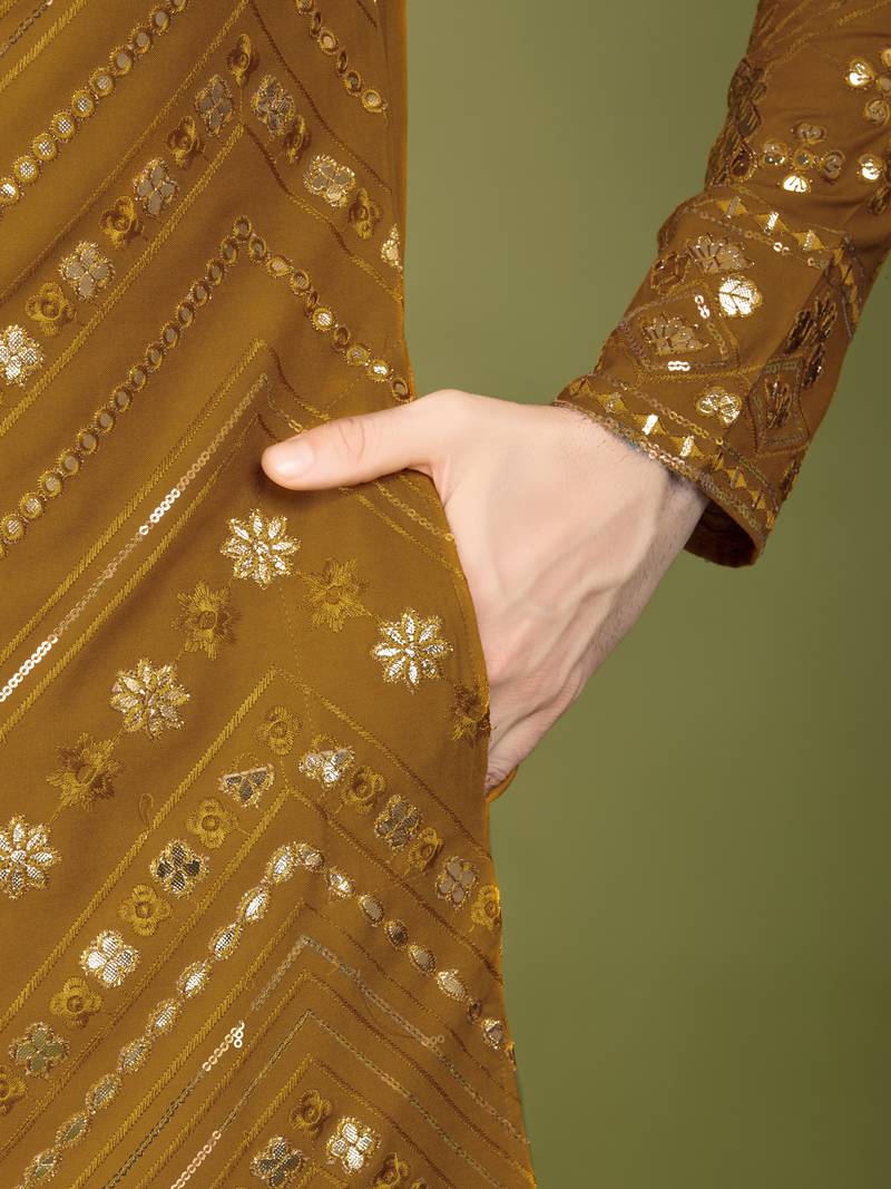 Yellow pure viscose rayon embroidered sequence work kurta