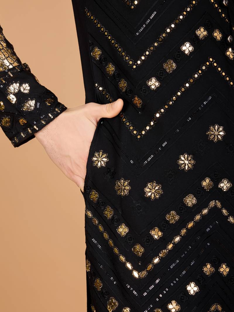 Black pure viscose rayon embroidered sequence work kurta