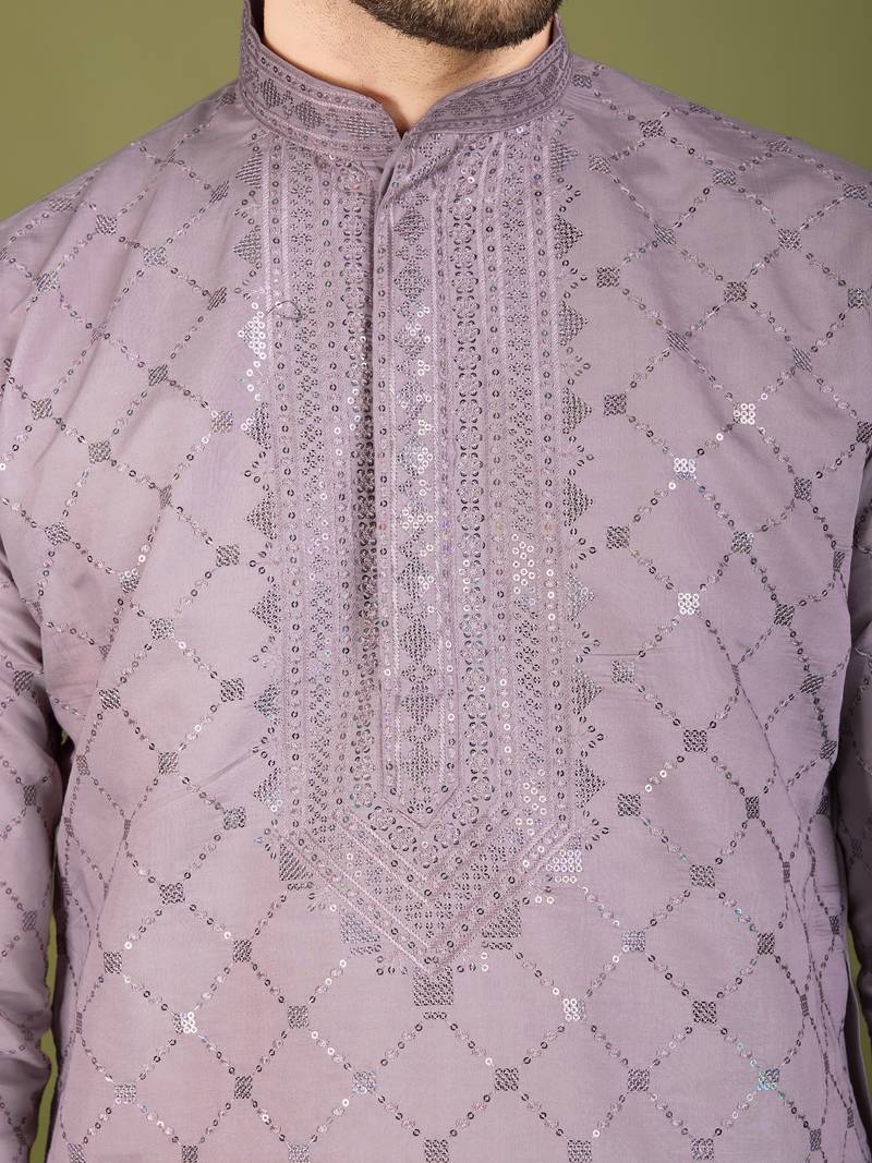 Dusty peach viscose silk thread with sequence embroidered work kurta with dupatta