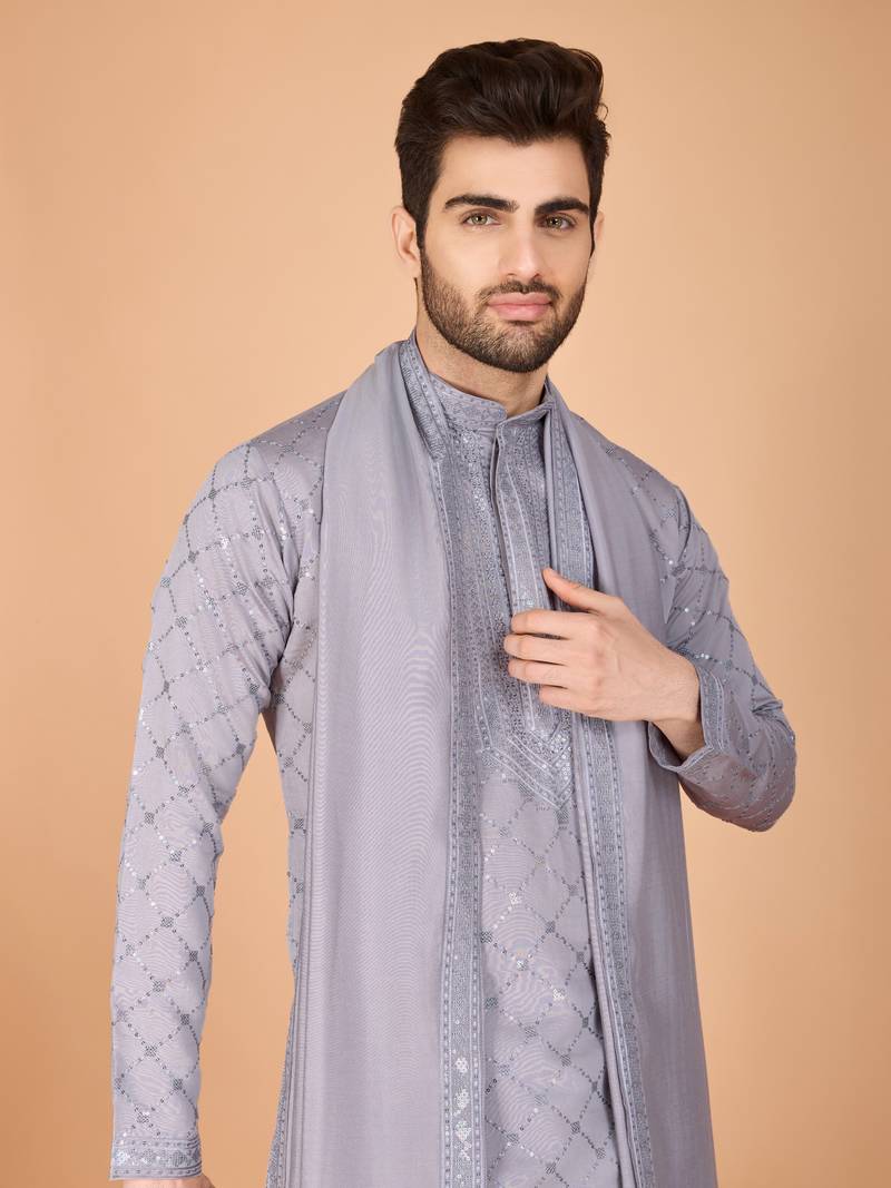 Grey viscose silk thread with sequence embroidered work kurta with dupatta