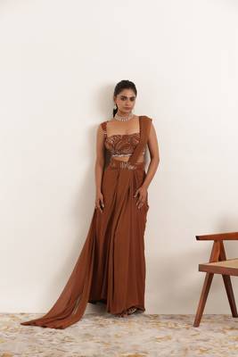 pre-stitched brown pre drpaed saree 1