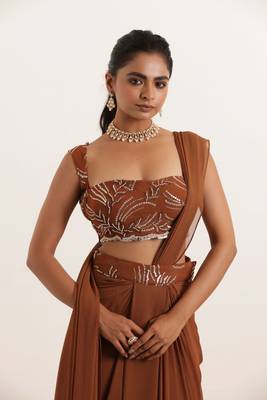 pre-stitched brown pre drpaed saree 2
