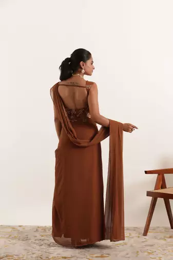 pre-stitched brown pre drpaed saree
