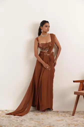 pre-stitched brown pre drpaed saree