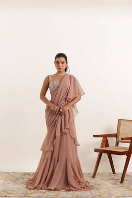ready to wear mauve chiku ruffle lehenga saree set 1