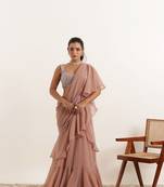 ready to wear mauve chiku ruffle  lehenga saree set