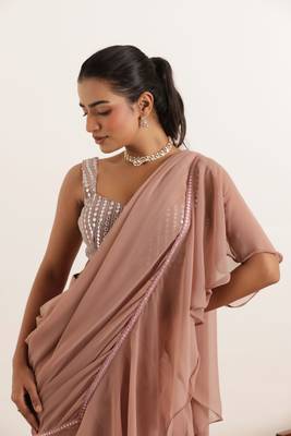 ready to wear mauve chiku ruffle lehenga saree set 2