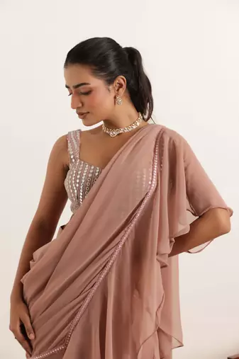 ready to wear mauve chiku ruffle lehenga saree set
